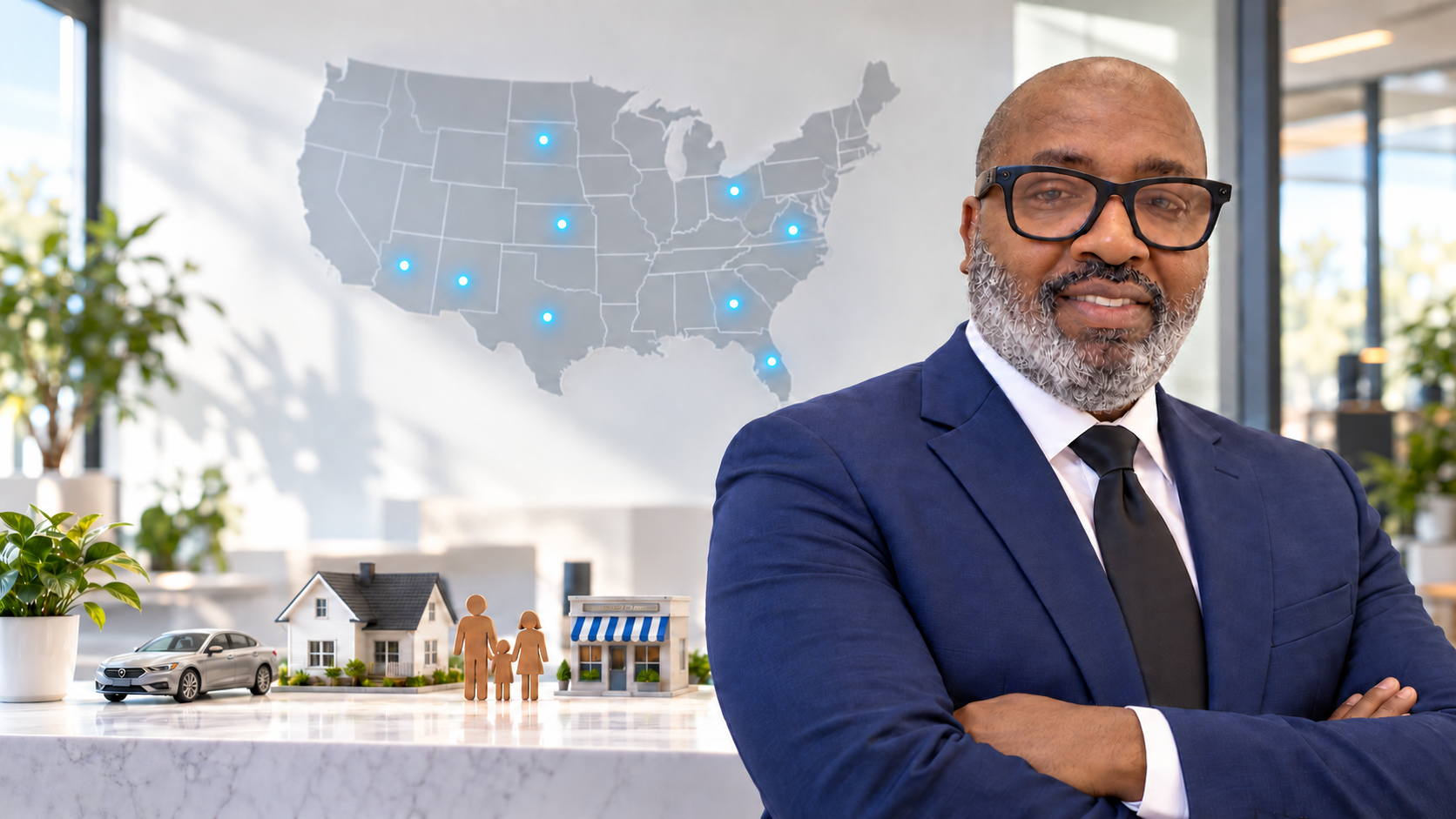 Hancy Laudny with a United States map highlighting HIA's nine licensed states and the families, homes, vehicles, and businesses the agency helps protect