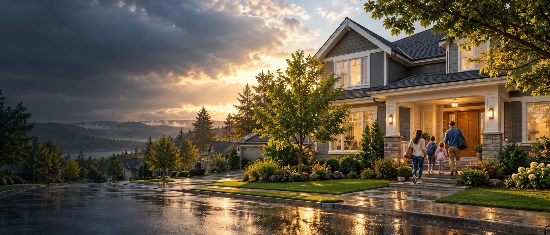 Family arriving at a well-maintained home after a rainstorm