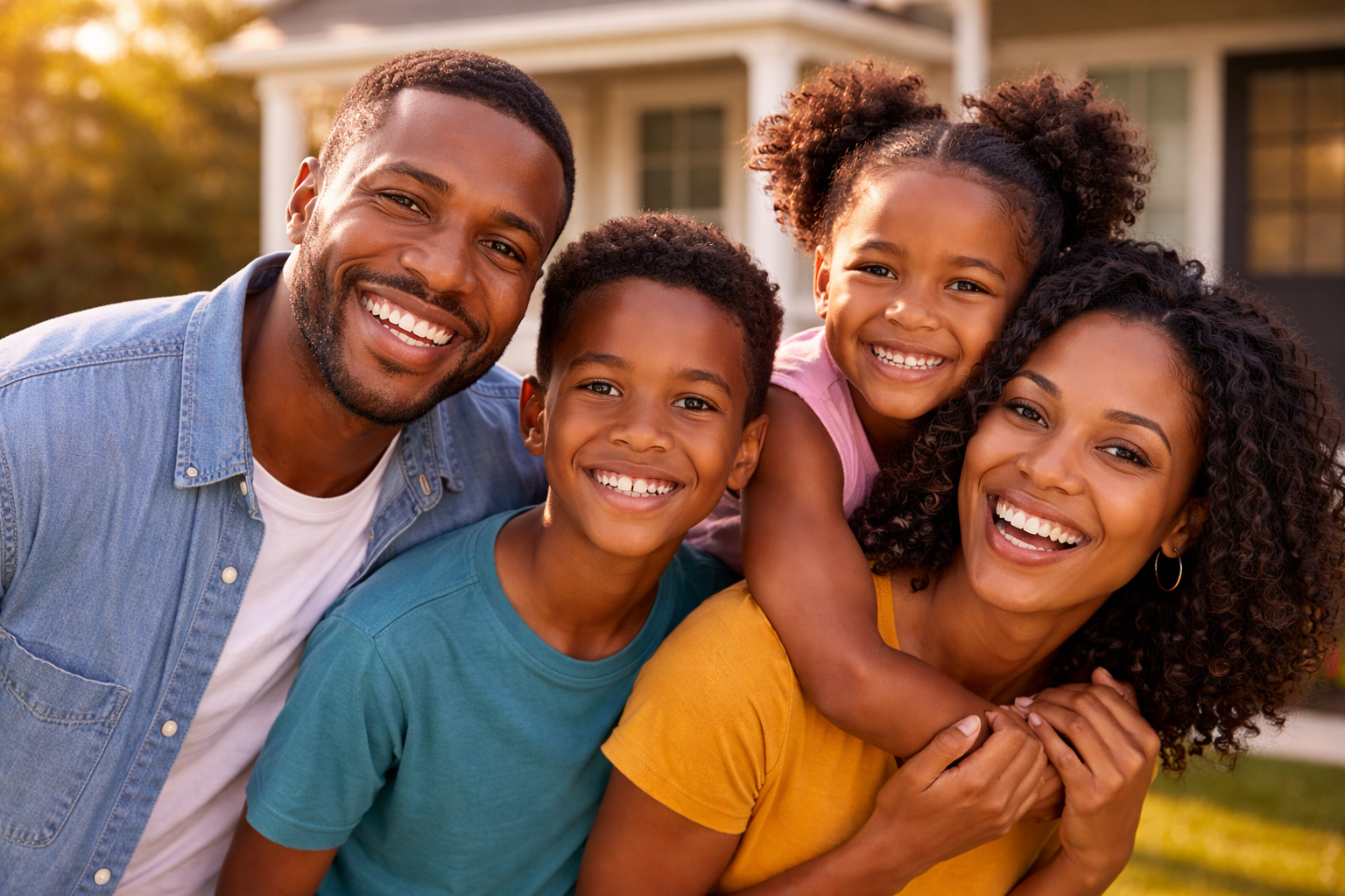 Black family smiling outside their home representing affordable insurance coverage in Rosenberg Texas including auto home health and life insurance